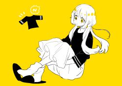 Rule 34 | 1girl, full body, long hair, long skirt, long sleeves, low twintails, maco22, monochrome, original, parted lips, shirt, skirt, slippers, socks, solo, spot color, twintails, yellow background