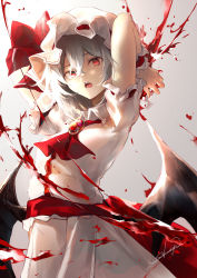 Rule 34 | 1girl, arms up, ascot, bat wings, blood, brooch, cowboy shot, glint, gradient background, grey background, grey hair, hair between eyes, hat, highres, jewelry, looking at viewer, low wings, medium hair, mob cap, open mouth, red ascot, red eyes, remilia scarlet, sakusyo, signature, simple background, solo, touhou, wings
