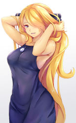 Rule 34 | 1girl, bare arms, bare shoulders, black bow, blonde hair, bow, breasts, covered navel, cowboy shot, creatures (company), cynthia (pokemon), dress, dunceneygak, game freak, glint, grey background, hair bow, hair over one eye, hand in own hair, hands up, jewelry, long hair, looking at viewer, medium breasts, necklace, nintendo, one eye covered, open mouth, pokemon, pokemon dppt, purple dress, purple eyes, simple background, skin tight, sleeveless, sleeveless dress, smile, solo, standing, very long hair