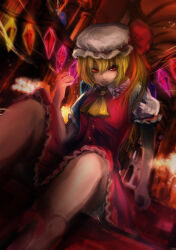 Rule 34 | 1girl, absurdres, ascot, blonde hair, breasts, buttons, clenched teeth, collared shirt, crystal, ekisutora, feet out of frame, flandre scarlet, frilled shirt collar, frilled skirt, frilled sleeves, frills, glowing, glowing wings, hair between eyes, hat, highres, indoors, looking at viewer, medium hair, mob cap, multicolored wings, one side up, puffy short sleeves, puffy sleeves, red eyes, red ribbon, red skirt, red theme, red vest, ribbon, ribbon-trimmed headwear, ribbon trim, shirt, short sleeves, skirt, sleeve ribbon, small breasts, solo, teeth, touhou, vest, white hat, white shirt, wings, yellow ascot
