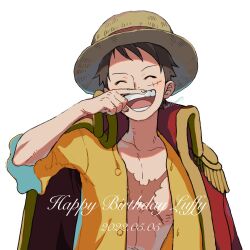 Rule 34 | 1boy, black hair, closed eyes, coat, coat on shoulders, collared coat, commentary request, epaulettes, frilled sleeves, frills, happy birthday, hat, highres, love1loooomy, male focus, monkey d. luffy, one piece, open clothes, open shirt, red coat, scar, scar on chest, scar on face, shirt, short hair, simple background, smile, solo, straw hat, upper body, white background, yellow shirt