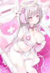 1girl absurdres animal_ears apron bandaid bandaids_on_nipples bell blush breasts cleavage collar cow_ears cow_horns cup detached_sleeves drinking_glass drinking_straw grey_hair headphones headset highres horns long_hair looking_at_viewer navel neck_bell nikuya_(nikuniku_nikuya) original panties parted_lips pasties pink_eyes pink_panties sitting solo sweatdrop thigh_strap underwear