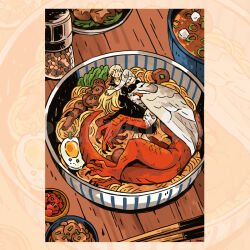 Rule 34 | 2girls, black dress, blonde hair, bowl, brown background, centauroid, chimera, chopsticks, claws, closed eyes, closed mouth, commentary, dragon girl, dress, dungeon meshi, egg, english commentary, falin touden, falin touden (chimera), feathered wings, food, full body, highres, hug, long hair, lying, marcille donato, marcille donato (lord), mini person, minigirl, monster girl, multiple girls, noodles, on side, pikkukitto, ramen, short hair, smile, soup, table, taur, very short hair, white wings, wings, wooden table, yuri, zoom layer