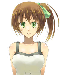 Rule 34 | 1girl, bow, breasts, brown hair, chiharu (9654784), cleavage, collarbone, green bow, green eyes, hair between eyes, hair bow, highres, looking at viewer, medium breasts, original, shiny skin, shirt, short hair, side ponytail, simple background, sleeveless, sleeveless shirt, smile, solo, upper body, white background, white shirt