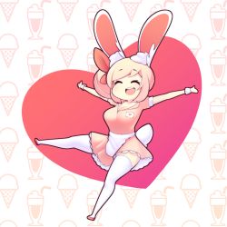 Rule 34 | 1girl, animal ears, blush, breasts, chibi, cleavage, facing viewer, fiz (fizintine), fizintine, full body, hair bun, hair ribbon, heart, highres, large breasts, open mouth, original, outstretched arms, pink hair, rabbit ears, rabbit girl, rabbit tail, red ribbon, ribbon, short hair, single hair bun, smile, solo, tail, teeth, thighhighs, upper teeth only, white thighhighs, wrist cuffs