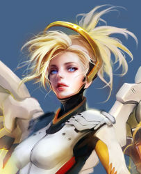 Rule 34 | 1girl, armor, blonde hair, blue eyes, breastplate, breasts, eyelashes, halo, high collar, high ponytail, lips, mechanical halo, mechanical wings, medium breasts, mercy (overwatch), muju, overwatch, overwatch 1, parted lips, solo, unfinished, upper body, wings