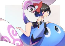 Rule 34 | 1girl, bad id, bad twitter id, bare legs, bare shoulders, barefoot, black bow, black hair, blue eyes, blue one-piece swimsuit, bow, commentary request, detached sleeves, fundoshi, grey background, hair ornament, heterochromia, highres, japanese clothes, kimono, long sleeves, looking at viewer, looking to the side, lying, mini person, minigirl, obi, on stomach, one-piece swimsuit, original, parted lips, pinwheel, pointy ears, purple eyes, sakazu mekasuke, sash, short hair, sidelocks, simple background, smile, solo, swimsuit, swirl, two-tone background, white background, wide sleeves