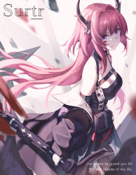 Rule 34 | 1girl, absurdres, arknights, armband, bare shoulders, black dress, blood, blood on face, breasts, character name, cleavage, commentary, dress, female focus, hair intakes, highres, holding, holding weapon, horns, koi0806, long hair, long sleeves, looking at viewer, medium breasts, off shoulder, purple eyes, red hair, solo, surtr (arknights), very long hair, weapon