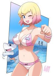 Rule 34 | 1girl, alternate costume, animification, bikini, blonde hair, blue eyes, border, bowieknife, breasts, cleavage, gwenpool, highres, holding, large breasts, marvel, multicolored bikini, multicolored clothes, multicolored hair, one eye closed, open mouth, pink hair, pool, shark, short hair, smile, solo, superhero costume, swimsuit, white border