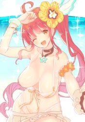 Rule 34 | 1girl, areola slip, armlet, bare shoulders, beach, bikini, bracelet, breasts, brown hair, collarbone, diantha (granblue fantasy), flower, granblue fantasy, hair flower, hair ornament, hair ribbon, highres, jewelry, koza game, large breasts, necklace, nipples, one eye closed, open mouth, red hair, ribbon, scrunchie, side ponytail, solo, star (symbol), swimsuit, water