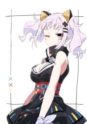 Rule 34 | 1girl, bare shoulders, black kimono, blue eyes, blush, closed mouth, color guide, commentary request, hair ornament, hairclip, highres, japanese clothes, kaguya luna, kimono, light purple hair, looking at viewer, obi, one eye closed, sash, simple background, sleeveless, sleeveless kimono, smile, solo, standing, tama (tama-s), the moon studio, twintails, upper body, virtual youtuber, white background, wristband