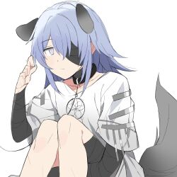 Rule 34 | 1girl, absurdres, animal ears, blue hair, bright pupils, closed mouth, collar, commentary request, dog ears, dog girl, dog tail, dream catcher, expressionless, grey eyes, hand in own hair, hand up, hecate (path to nowhere), highres, hugging own legs, kemonomimi mode, korean commentary, layered sleeves, long hair, long sleeves, path to nowhere, sappazell, short over long sleeves, short sleeves, simple background, sitting, solo, tail, white background, white pupils