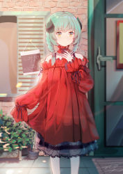 Rule 34 | 1girl, bare shoulders, blurry, blurry background, braid, brick wall, brown eyes, character request, commentary request, curled horns, demon horns, depth of field, door, dress, green hair, hand up, highres, horns, long hair, long sleeves, maou no ore ga dorei elf wo yome ni shitanda ga dou medereba ii?, menghuan tian, off-shoulder dress, off shoulder, plant, potted plant, puffy long sleeves, puffy sleeves, red dress, see-through, sidelocks, signature, sleeves past fingers, sleeves past wrists, solo, standing, twin braids, valefor (maou no ore ga)