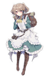 Rule 34 | 1girl, ascot, backpack, bad id, bad twitter id, bag, belt, blush, boots, braid, breasts, carrying bag, commentary request, cross-laced footwear, dress, full body, hair ornament, holding strap, ikeuchi tanuma, lace-up boots, light brown hair, looking at viewer, maid, original, red eyes, simple background, small breasts, solo, tino (ikeuchi tanuma), twintails, white background