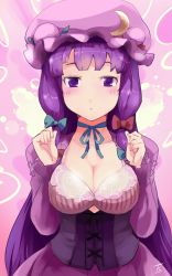 Rule 34 | :&lt;, alternate costume, artist name, blue bow, blue ribbon, blunt bangs, blush, bow, bra, breasts, breasts squeezed together, cleavage, corset, crescent, crescent hair ornament, dress, hair bow, hair ornament, hair ribbon, hat, hat ribbon, highres, large breasts, long hair, mob cap, patchouli knowledge, purple eyes, purple hair, red bow, red ribbon, ribbon, sinzan, solo, touhou, underwear, very long hair
