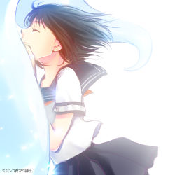 Rule 34 | 1girl, bad id, bad pixiv id, black hair, blue skirt, chimera (coppelion), closed eyes, coppelion, couple, creature, floating hair, leaning on person, lowres, out of frame, pleated skirt, sailor collar, school uniform, serafuku, short sleeves, skirt, smile, sparkle, translated, tsuburaya mana, wakanu