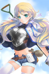 Rule 34 | armor, bandaid, blonde hair, blue eyes, blush, breastplate, day, deeple, gradient hair, hair ribbon, holding, jacket, long hair, lowres, midriff, multicolored hair, navel, open mouth, outdoors, pouch, ribbon, seyfarf (sword girls), shorts, shovel, sword girls, thighhighs, twintails, white thighhighs, worktool