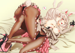 Rule 34 | 2girls, animal ears, ass, bad id, bad pixiv id, blonde hair, grabbing another&#039;s breast, breasts, fake animal ears, grabbing, heart, hige (hige2), high heels, large breasts, lying, multiple girls, nipples, on back, original, pantyhose, pink footwear, playboy bunny, rabbit ears, rabbit tail, red eyes, spoken heart, tail, top-down bottom-up, yuri