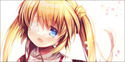 Rule 34 | 1girl, 2020, :d, blonde hair, blue eyes, blush, casual, chi no, close-up, commentary request, dated commentary, eyelashes, eyepatch, eyes visible through hair, hair between eyes, long hair, looking at viewer, lower teeth only, nakatsu shizuru, one eye covered, open mouth, rewrite, simple background, smile, solo, teeth, twintails, white background