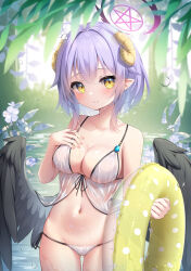 Rule 34 | 1girl, bare shoulders, bikini, black wings, blush, breasts, cleavage, closed mouth, collarbone, cowboy shot, curled horns, day, feathered wings, flower, hair between eyes, hand on own chest, highres, holding, holding swim ring, horns, innertube, medium breasts, navel, original, outdoors, parted lips, pointy ears, purple hair, short hair, side-tie bikini bottom, smile, solo, standing, stomach, swim ring, swimsuit, umou (may65879), water, wet, white bikini, wings