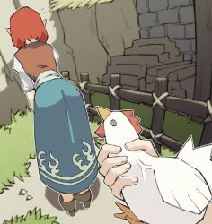 Rule 34 | 1girl, anju, ass, bad id, bad twitter id, bent over, bird, blue dress, chicken, commentary request, cucco, dress, euphemism, facing away, fence, flying sweatdrops, full body, high heels, highres, nintendo, outdoors, outline, pantsu-ripper, pointy ears, red hair, sexually suggestive, short hair, short sleeves, spanish commentary, the legend of zelda, the legend of zelda: ocarina of time, veins, vest, visual pun, white outline