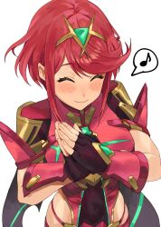 Rule 34 | 1girl, blush, breasts, chest jewel, closed eyes, covered navel, gloves, happy, highres, jewelry, kamu (kamuuei), large breasts, musical note, navel, own hands clasped, own hands together, palms together, pyra (xenoblade), red hair, short hair, smile, solo, swept bangs, tiara, xenoblade chronicles (series), xenoblade chronicles 2