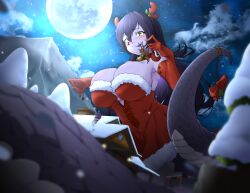 Rule 34 | 1girl, 1other, absurdres, breasts, christmas, christmas tree, cloud, cloudy sky, colored skin, commission, covered navel, full moon, fur trim, giant, giantess, hair spread out, highres, huge breasts, indie virtual youtuber, lamia, long hair, monster girl, moon, mountain, purple skin, reindeer, santa costume, scales, shizeart, size difference, sky, snow, tree, very long tail, vexoria the sun eater, virtual youtuber, vore, winter, wooden house, yellow eyes