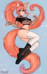Rule 34 | 1girl, absurdres, animal ears, artist name, black footwear, blue background, blue eyes, boots, bow, breasts, commentary, commission, crop top, cross-laced footwear, fishnets, fox ears, fox girl, fox tail, full body, hair between eyes, hair bow, highres, long hair, looking at viewer, matilda fiship, medium breasts, micro shorts, midriff, nail polish, navel, orange hair, original, red bow, red nails, shorts, simple background, smile, solo, tail, thighhighs, underboob, v, very long hair, white thighhighs