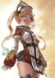 Rule 34 | 1girl, asanagi, belt, black gloves, blonde hair, blue eyes, blue hair, blush, bodysuit, breasts, cosplay, covered erect nipples, detached sleeves, empty eyes, fingerless gloves, gloves, glowing, glowing eyes, granblue fantasy, hat, highres, io (granblue fantasy), long hair, multicolored hair, open mouth, shorts, skindentation, small breasts, smile, solo, sophia (granblue fantasy), sophia (granblue fantasy) (cosplay), thighhighs, twintails, two-tone hair, very long hair, vial, wavy hair