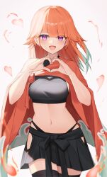 Rule 34 | 1girl, alternate costume, black skirt, black thighhighs, blush, breasts, commentary request, cowboy shot, crop top, fire, green hair, heart, heart hands, highres, hololive, hololive english, long hair, looking at viewer, medium breasts, multicolored hair, navel, open mouth, orange hair, pleated skirt, purple eyes, side slit, sideboob, simple background, single bare shoulder, skirt, smile, solo, stomach, streaked hair, takanashi kiara, thighhighs, thomas 8000, virtual youtuber, white background