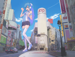 Rule 34 | 1girl, aqua eyes, aqua hair, cityscape, day, giant, giantess, guitar (guitars), hatsune miku, highres, long hair, looking at viewer, necktie, real world location, shibuya (tokyo), sky, smile, solo, taxi, thighhighs, tokyo (city), twintails, very long hair, vocaloid, zettai ryouiki