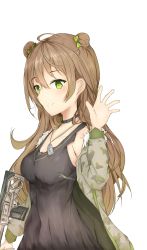 Rule 34 | 1girl, black choker, black shirt, blush, bow, breasts, bullpup, camouflage, camouflage jacket, choker, closed mouth, clov3r, double bun, girls&#039; frontline, green bow, green eyes, gun, hair bow, hair bun, hand up, highres, holding, holding weapon, jacket, light brown hair, long hair, looking at viewer, medium breasts, open clothes, open jacket, rfb (girls&#039; frontline), shirt, smile, solo, standing, weapon, white background
