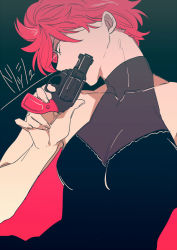 Rule 34 | 1girl, bare arms, bare shoulders, character name, collarbone, commentary request, covering own mouth, gun, holding, holding gun, holding weapon, jojo no kimyou na bouken, looking away, looking to the side, pink hair, short hair, simple background, sleeveless, solo, takami don, trish una, upper body, vento aureo, weapon
