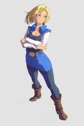 Rule 34 | 1girl, absurdres, aeyga, android 18, belt, belt buckle, black pantyhose, black shirt, blonde hair, blue eyes, blue skirt, blue vest, boots, breasts, brown footwear, buckle, cleavage, closed mouth, dragon ball, dragonball z, full body, grey background, highres, looking to the side, pantyhose, shirt, short hair, simple background, skirt, solo, standing, vest