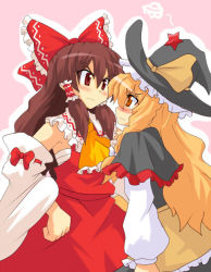 Rule 34 | 2girls, angry, blonde hair, blush, bow, brown hair, detached sleeves, female focus, hakurei reimu, hand on own hip, harukatron, hat, hip focus, japanese clothes, kirisame marisa, miko, multiple girls, ribbon, tears, touhou, undefined fantastic object, witch, witch hat