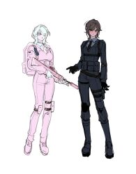 Rule 34 | 2girls, black footwear, black gloves, boots, brown eyes, brown hair, collared shirt, e.g.o (project moon), faust (project moon), full body, gloves, gun, highres, holding, holding gun, holding weapon, huyj cl, jacket, limbus company, lobotomy corporation, looking at viewer, multiple girls, necktie, outis (project moon), pink footwear, pink jacket, pink necktie, project moon, rifle, shirt, shoes, short hair, weapon, white hair, white shirt