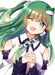 Rule 34 | + +, 1girl, bare shoulders, blush, breasts, collared shirt, commentary request, detached sleeves, frog hair ornament, green eyes, green hair, hair between eyes, hair ornament, hair tubes, hands up, highres, kochiya sanae, large breasts, long hair, long sleeves, looking at viewer, one eye closed, open mouth, own hands together, ponytail, shirt, side ponytail, smile, snake hair ornament, solo, star (symbol), tongue, touhou, white shirt, wide sleeves, zerokosan