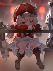 Rule 34 | 1boy, 1girl, 1other, ahoge, albedo (genshin impact), backpack, bag, bench, blonde hair, bloomers, boots, brown footwear, covered mouth, cup, dango, dodoco (genshin impact), dress, elf, feathers, food, genshin impact, hat, hat feather, head rest, highres, kanase (mcbrwn18), klee (genshin impact), long hair, low twintails, pointy ears, red dress, red eyes, red headwear, sitting, sleepy, table, teacup, twintails, underwear, upskirt, wagashi, white bloomers