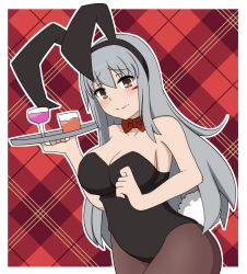 Rule 34 | 1girl, animal ears, black pantyhose, blush, bokota (bokobokota), bow, bowtie, breasts, brown eyes, closed mouth, cup, drinking glass, facial scar, fake animal ears, food, gangut (kancolle), grey hair, hair between eyes, highres, kantai collection, large breasts, leotard, long hair, looking at viewer, pantyhose, playboy bunny, rabbit ears, rabbit tail, red bow, red bowtie, scar, scar on cheek, scar on face, smile, solo, tail
