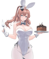 Rule 34 | 1girl, absurdres, animal ears, blue eyes, blush, bow, bowtie, breasts, brown hair, cake, cake slicer, chocolate cake, covered navel, detached collar, fake animal ears, food, hair between eyes, high side ponytail, highres, kantai collection, large breasts, leotard, long hair, looking at viewer, odachu, pantyhose, playboy bunny, ponytail, rabbit ears, saratoga (kancolle), side ponytail, smile, solo, strapless, strapless leotard, traditional bowtie, tray, white leotard, white pantyhose, wrist cuffs