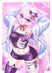 Rule 34 | 1girl, absurdres, animal ears, arms behind head, cat ears, cat girl, cat tail, crop top, highres, jacket, jnstudio, nyatasha nyanners, pink hair, shorts, solo, standing, tail, thick thighs, thighhighs, thighs, virtual youtuber, vshojo