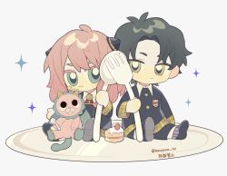 Rule 34 | 1boy, 1girl, :3, anya (spy x family), black hair, cake, chibi, damian desmond, director chimera (spy x family), eden academy school uniform, food, fork, full body, green eyes, hairpods, highres, holding, holding fork, holding spoon, kawama rei, pink hair, plate, school uniform, sitting, sparkle, spoon, spy x family, stuffed animal, stuffed toy, white background, yellow eyes