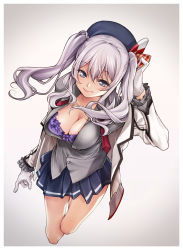 Rule 34 | 10s, 1girl, blue skirt, bra, breasts, cleavage, gloves, grey background, grey eyes, hat, highres, kantai collection, kashima (kancolle), kubu kurin, large breasts, long hair, purple bra, silver hair, skirt, smile, solo, twintails, underwear, white gloves