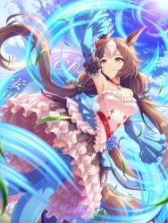 Rule 34 | 1girl, absurdres, animal ears, armpits, aura, breasts, brown hair, cloud, collarbone, detached sleeves, flower, frilled skirt, frills, hair ornament, highres, horse ears, horse tail, jewelry, low twintails, medium breasts, necklace, official art, skirt, sky, smile, solo, tail, twintails, umamusume, yamanin zephyr (umamusume), yellow eyes