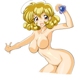 Rule 34 | 1girl, absurdres, antenna hair, artist request, bare legs, breasts, brown eyes, brown hair, corrector yui, curvy, happy, highres, kasuga yui, looking at viewer, magical girl, medium breasts, no nipples, nude, open mouth, shiny skin, short hair, simple background, smile, solo, white background