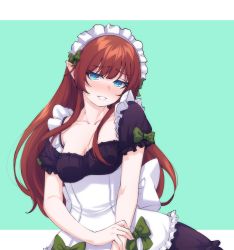 Rule 34 | 1girl, absurdres, apron, arm grab, black dress, blue eyes, blush, breasts, brown hair, cleavage, collarbone, dress, elf, embarrassed, frilled apron, frilled straps, frills, head tilt, highres, indie virtual youtuber, long hair, looking at viewer, low neckline, maid, maid apron, maid headdress, medium breasts, nane niwa, parted lips, pointy ears, puffy short sleeves, puffy sleeves, purple eyes, short sleeves, sidelocks, solo, straight hair, swept bangs, underbust, upper body, valefal coneri, virtual youtuber, waist apron