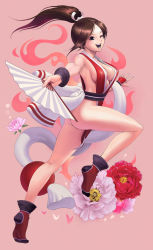 Rule 34 | 1girl, breasts, brown eyes, brown hair, cleavage, hand fan, fatal fury, flower, folding fan, highres, large breasts, legs, long hair, long legs, one eye closed, pelvic curtain, ponytail, revealing clothes, sakkan, shiranui mai, smile, snk, solo, the king of fighters, wink