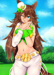 Rule 34 | 1girl, ;d, absurdres, animal ears, arm strap, blue eyes, blue sky, brown hair, choker, cloud, commentary request, cowboy shot, crop top, day, green shirt, hair between eyes, hair ornament, hairclip, hat, highres, horse ears, long hair, long sleeves, looking at viewer, m172/minatsu, midriff, mini hat, mini top hat, mr. c.b. (umamusume), navel, one eye closed, open mouth, own hands together, pants, shirt, single bare shoulder, single sleeve, sky, smile, solo, standing, stomach, strapless, strapless shirt, thighs, top hat, umamusume, very long hair, white hat, white pants, yellow choker