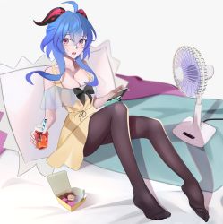 Rule 34 | 1girl, alternate costume, black bow, blue hair, bow, box, breasts, cleavage, contemporary, cowlick, dress, drinking straw, food, ganyu (genshin impact), genshin impact, hand fan, highres, holding, holding jar, horns, hyafumi, jar, looking to the side, macaron, medium breasts, no shoes, on bed, open mouth, pantyhose, pink eyes, short hair, short hair with long locks, sitting, soles, solo, sweatdrop, yellow dress