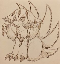Rule 34 | 1girl, claws, closed mouth, collarbone, extra arms, faputa, flat chest, fur, hair between eyes, highres, kneeling, looking at viewer, made in abyss, mitsuba-sama (milkba-ng), monochrome, monster girl, multiple tails, nipples, short hair, sketch, smile, solo, tail, traditional media